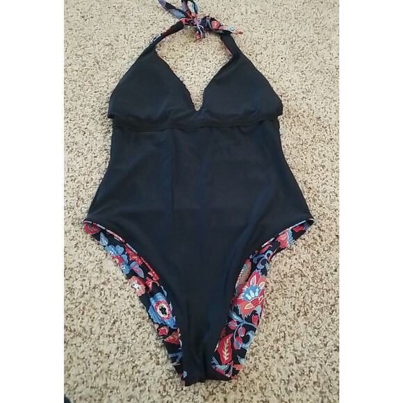 Loft Beach sz 2 Tie Neck Halter Lightly Padded Blue Red Floral 1 Piece‎ Swimsuit - Picture 8 of 12